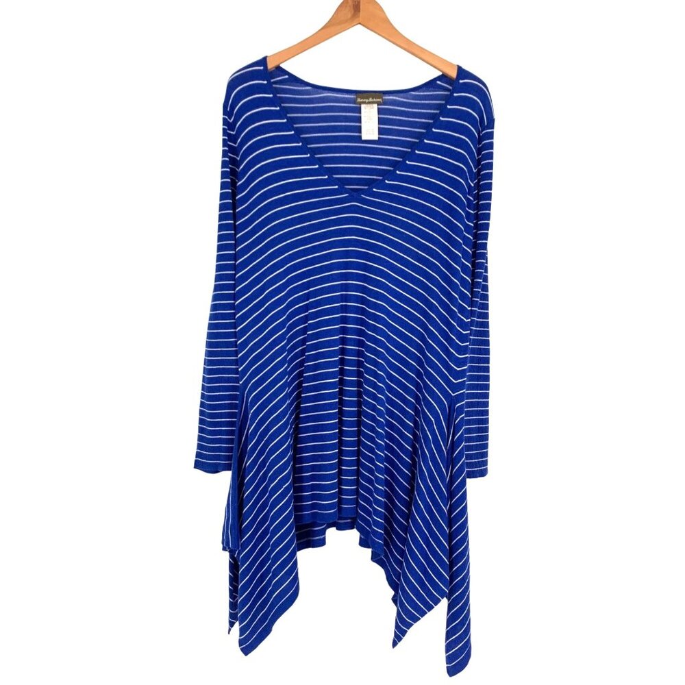 Tommy Bahama Womens L Blue White Striped Tunic Blouse Long Sleeve Sharkbite Hem